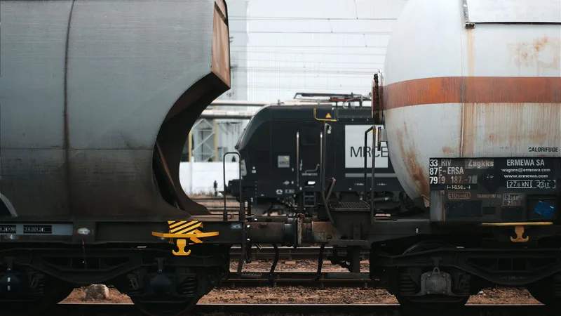 Detailed shot of cargo train cars on a railway in Hungary, illustrating logistics and transportation themes.