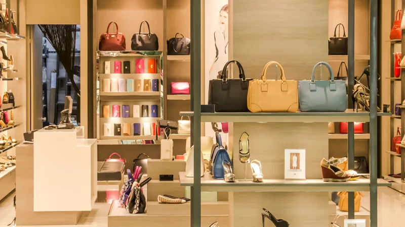 Chic boutique with a variety of handbags and shoes elegantly displayed on shelves.